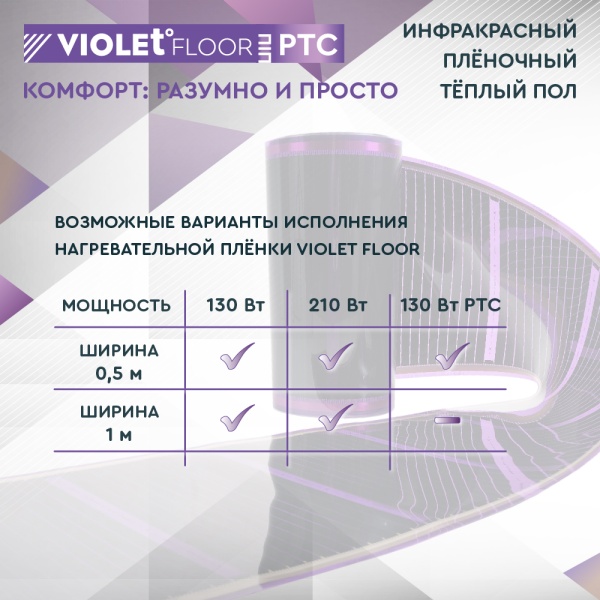 Саморегулирующаяся нагревательная пленка VIOLET FLOOR 130 PTC 0,5 кв.м, шир. 0,5 м